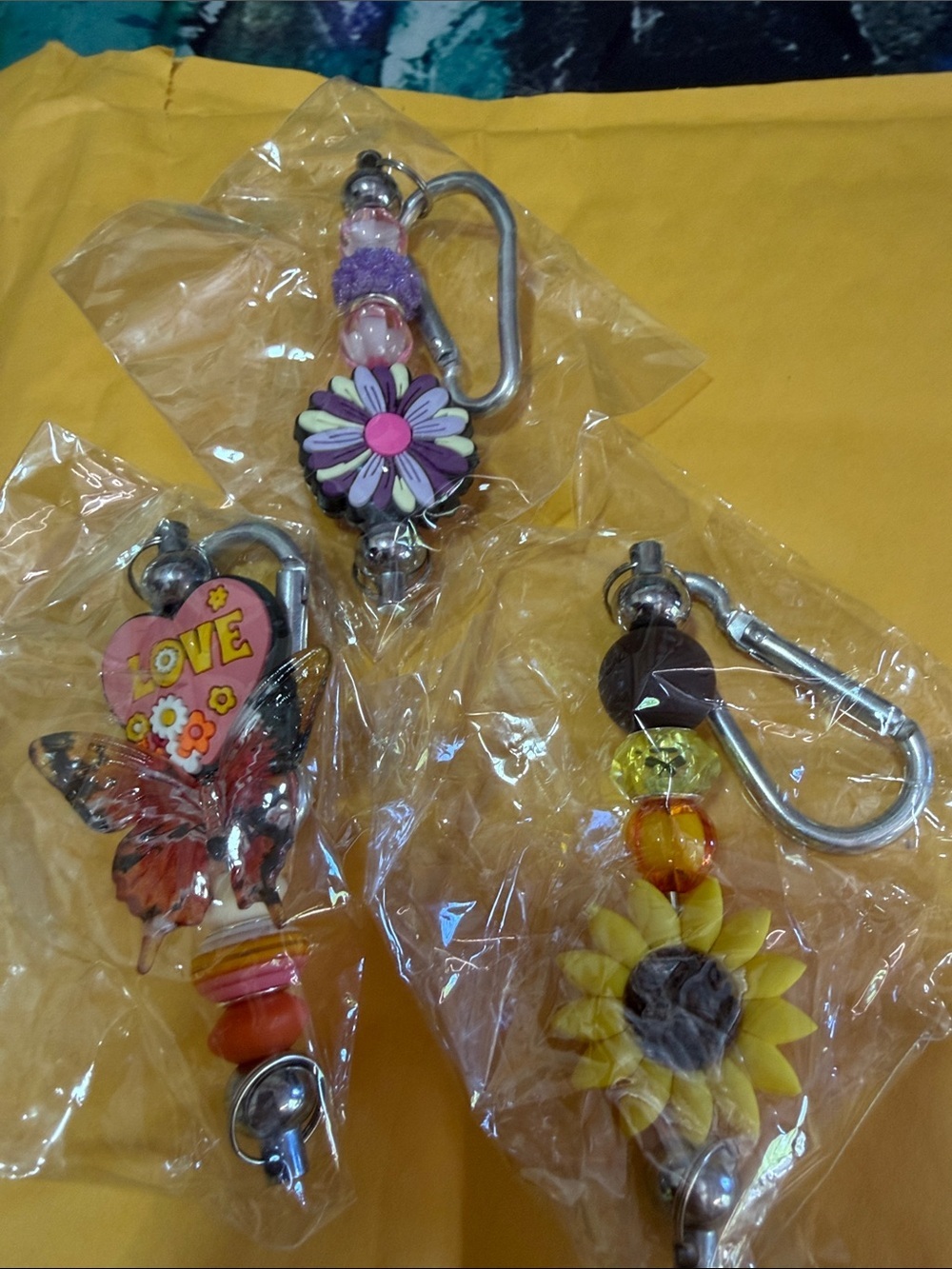 Floral Charm Key & bag charms- Yellow/Purple set of 3 handmade